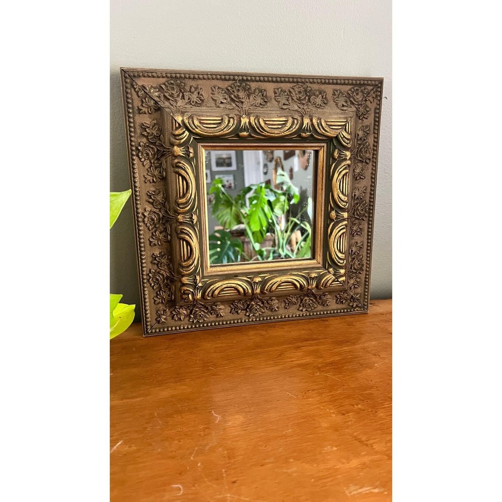 Vintage Carved Wood Square Mirror Ornate Bronze Gold Floral Frame Cottage Core